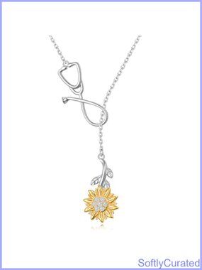 925 Sterling Silver Stethoscope Sunflower Y Necklace Nurse Gift
